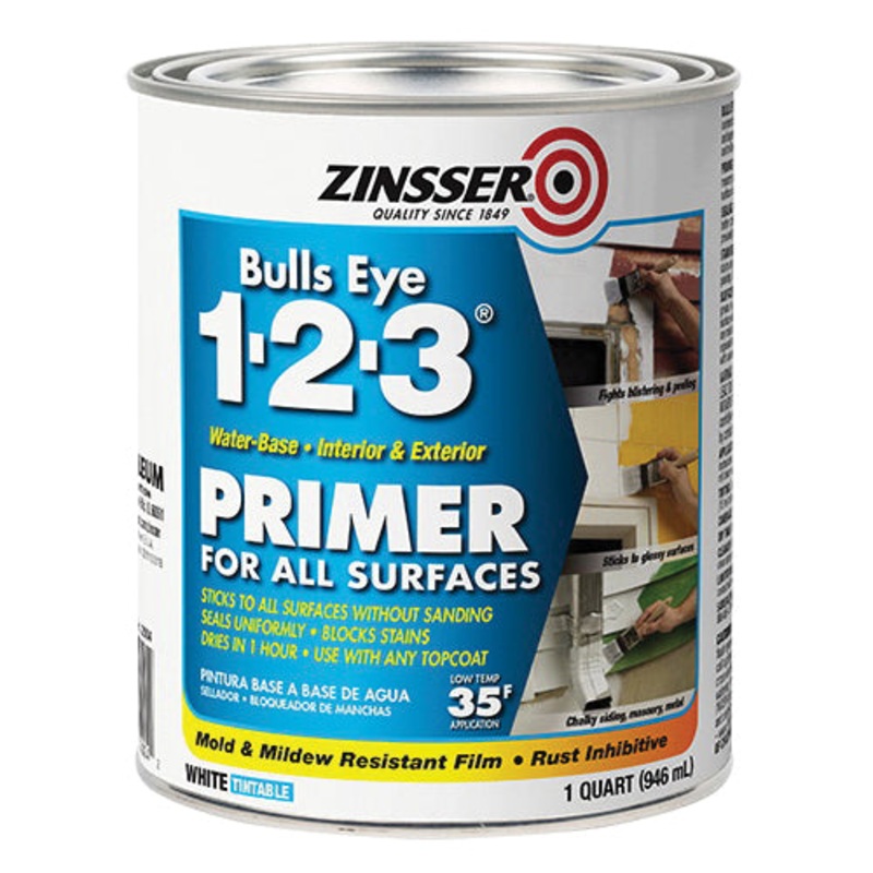 ZINSSER Bulls Eye 1-2-3 02004 Primer, Water Base, White, <100 g/L VOC, 1 qt