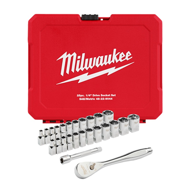 MILWAUKEE 25 PC. 1/4" Drive Ratchet & Socket Set w/ FOUR FLAT Sides - Metric & SAE