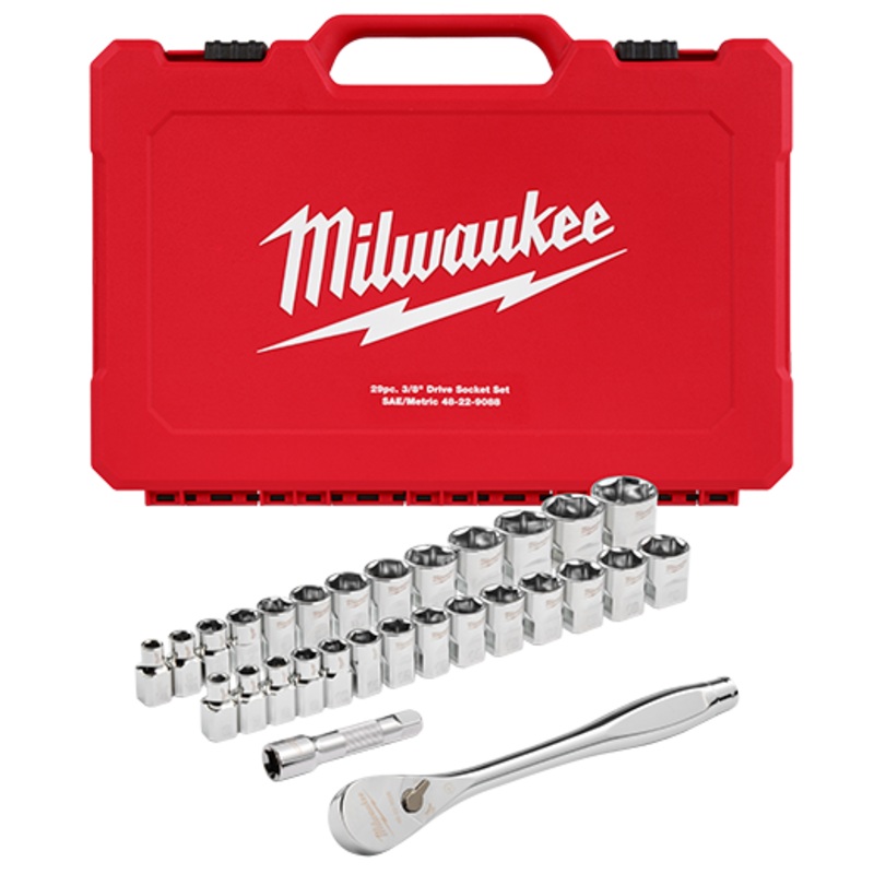 MILWAUKEE 29 PC. 3/8" Drive Ratchet & Socket Set w/ FOUR FLAT Sides - Metric & SAE