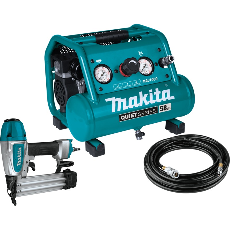 MAKITA Quiet Series 1/2 HP, 1 Gallon Compact, OilFree, Electric Air Compressor, & 18 Gauge Brad Nailer Combo Kit
