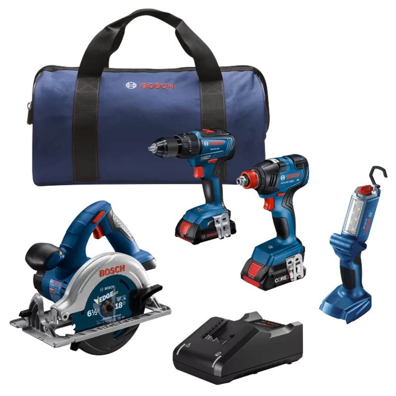 BOSCH 18V 4-Tool Combo Kit w/ 2-IN-1 1/4" & 1/2" Bit/Socket Impact Driver/Wrench, 1/2" Hammer Drill/Driver, 6-1/2" Circular Saw & LED Worklight