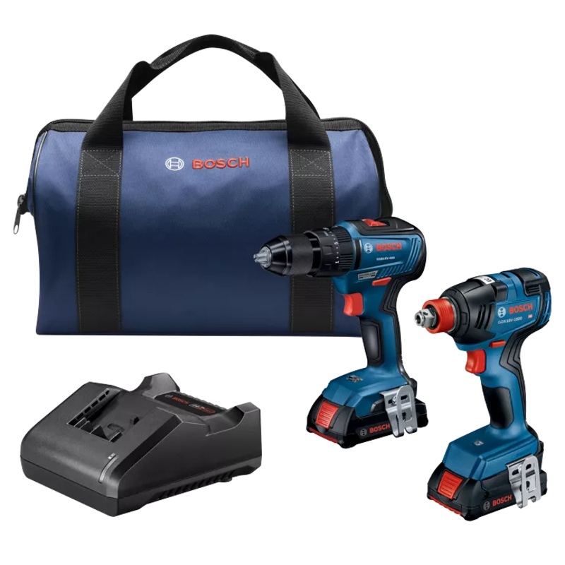 BOSCH 18V 2-Tool Combo Kit w/ 1/2" Hammer Drill/Driver, 2-IN-1 1/4" & 1/2" Bit/Socket Impact Driver/Wrench