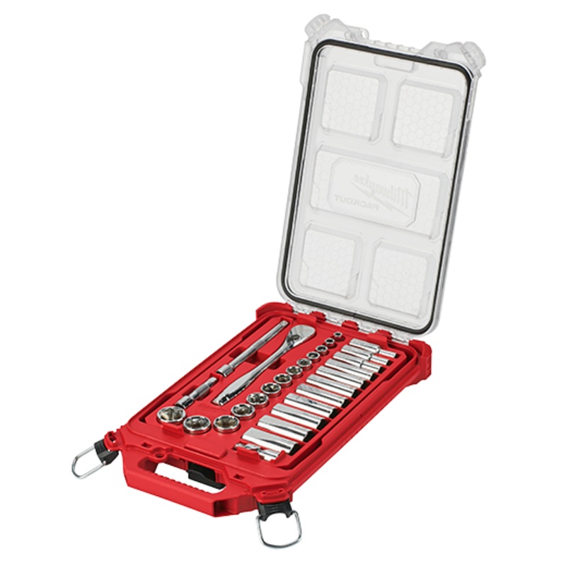 MILWAUKEE 28 PC. 3/8 Ratchet & Socket Set w/ PACKOUT Low-Profile Compact Organizer - SAE