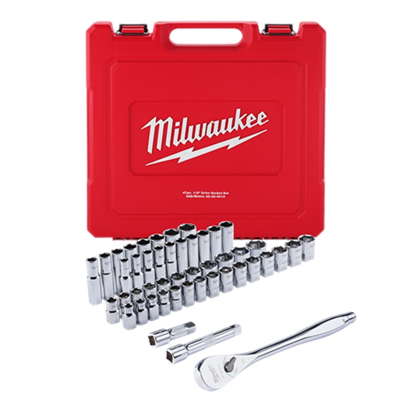 MILWAUKEE 47 PC. 1/2" Drive Ratchet & Socket Set w/ FOUR FLAT Sides - Metric & SAE