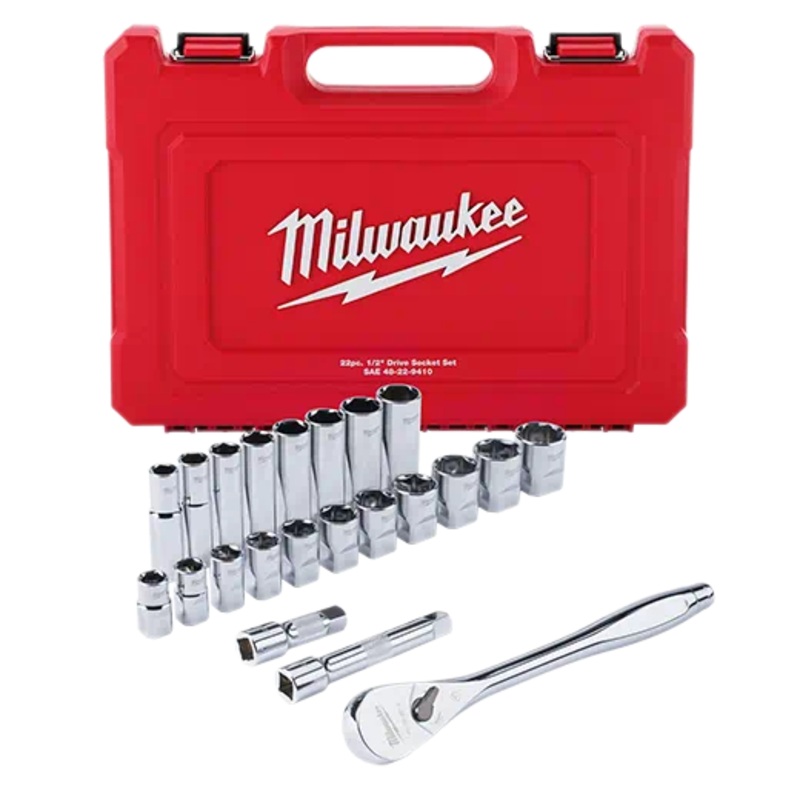 MILWAUKEE 22 PC. 1/2" Drive Ratchet & Socket Set w/ FOUR FLAT Sides - SAE
