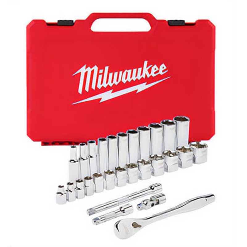 Milwaukee 48-22-9408 Ratchet and Socket Set, Case Tool Storage, 4 Arc Swing, 3/8 in Drive, 28 pc, Steel