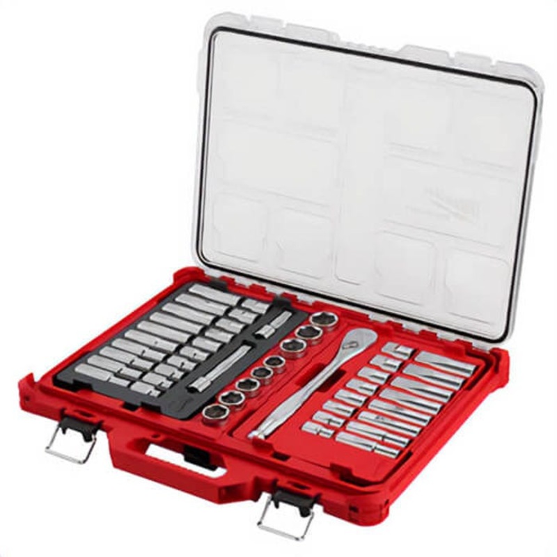Milwaukee 48-22-9487 Drive Ratchet and Socket Set with Packout Low-Profile Organizer, 1/2 in, 47 pc