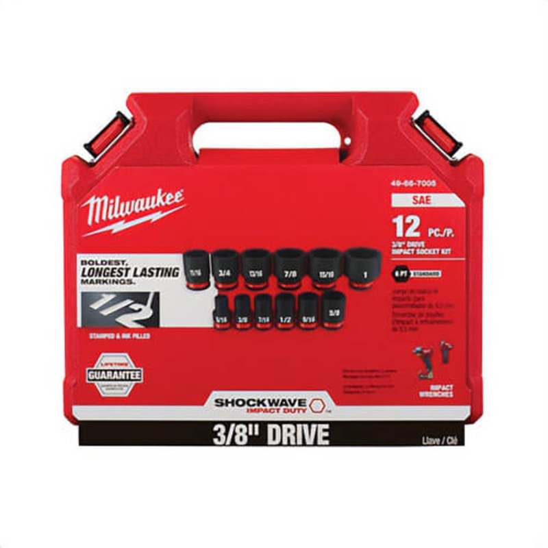 Milwaukee 49-66-7005 Shockwave Impact Duty Standard Socket Set, ASME Specified, 6 Points, 3/8 in Drive, 12 pc, Hex