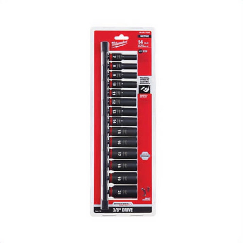 Milwaukee 49-66-7008 Shockwave Impact Duty Deep Socket Set, ASME Specified, 6 Points, 3/8 in Drive, 14 pc, Hex