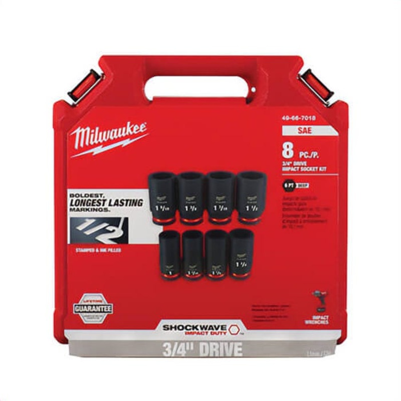 Milwaukee 49-66-7018 Shockwave Impact Duty Deep Socket Set, ASME Specified, 6 Points, 3/4 in Drive, 8 pc, Hex
