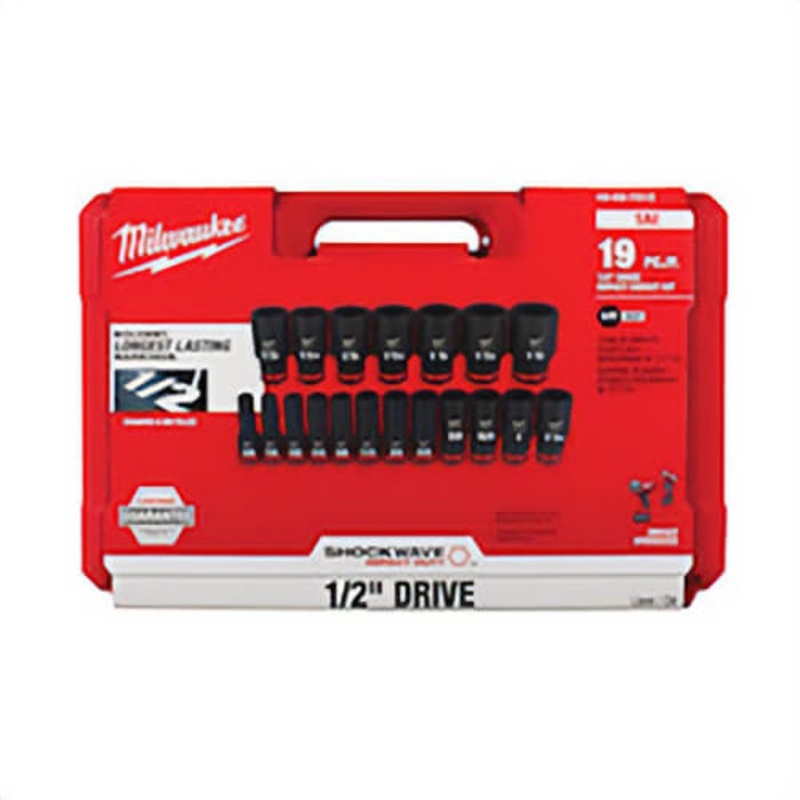 Milwaukee Shockwave Impact Duty 49-66-7012 Deep Socket Set, ASME Specified, 6 Points, 1/2 in Drive, 19 pc, Hex, Case Container