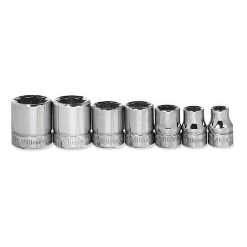 Williams Socket Set, Supertorque, Imperial, 7 pc, 4/8 Points, Included Socket Size: 1/4 in, 3/8 in Drive, Clip Rail, Polished Chrome