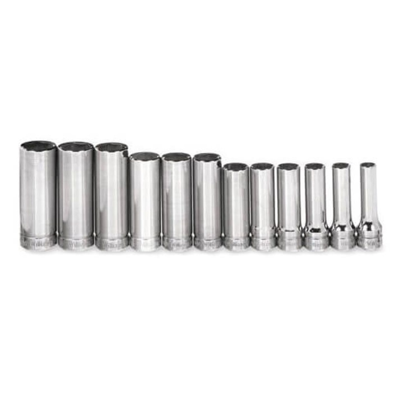 Williams Socket Set, Supertorque, Metric, 12 pc, 6 Points, Included Socket Size: 8 mm, 3/8 in Drive, Clip Rail, Polished Chrome