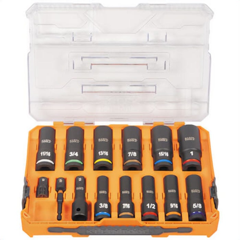 Klein 65111IMPCT Knect Drive Deep Well Impact Socket Set with Case, Chrome Moly Steel, SAE, 1/2 in, 14 pc