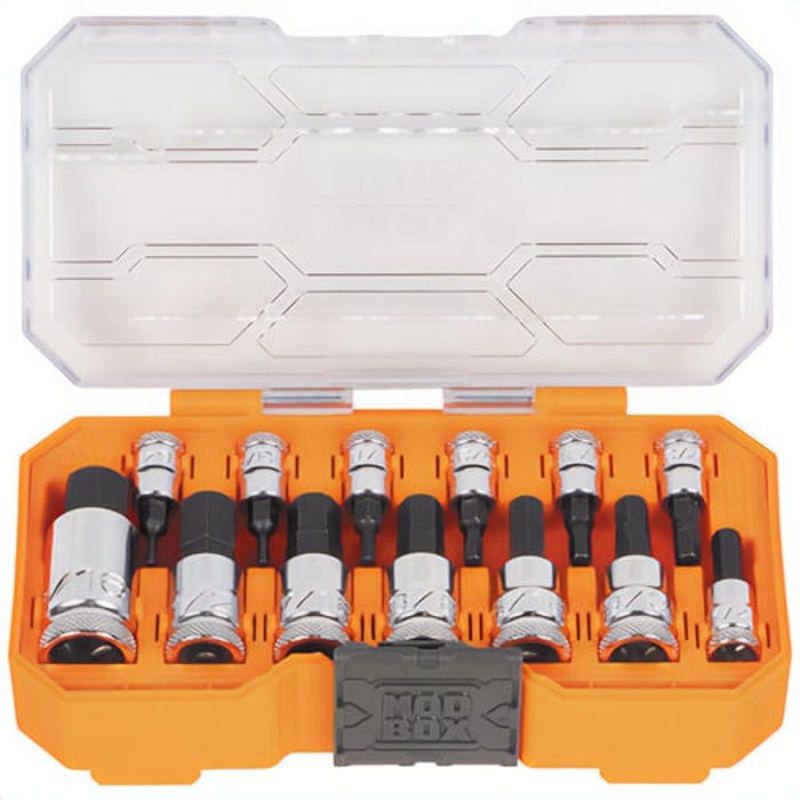 Klein 65213HEX Knurled Hex Bit Socket Set, SAE, Chrome-Vanadium, Steel, 13 pc, Includes: (13) SAE Hex Bits, MODbox Case