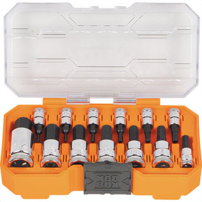 Klein 65213HEXM Knurled Hex Bit Socket Set, Metric, Chrome-Vanadium, Steel, 13 pc, Includes: (13) Metric Hex Bits, MODbox Case