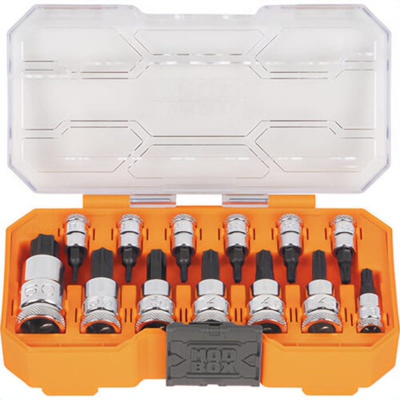 Klein 65213TX Knurled Torx Bit Socket Set, Chrome-Vanadium, Steel, 13 pc, Includes: (13) Torx Bits, MODbox Case