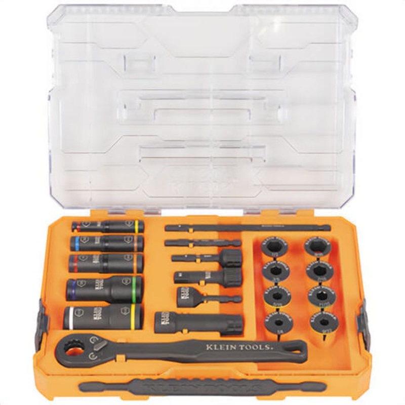 Klein 65240 Knect Impact Pass Through and Deep-Well Flip Socket Set, SAE, Impact-Rated Steel, 20 pc