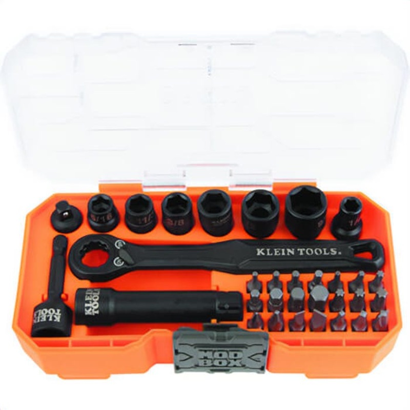 Klein 65300 Drive Impact-Rated Pass Through Socket Set, Chrome-Moly, Chrome-Vanadium, 1/4 in, 32 pc