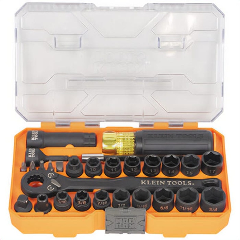 Klein 65400KNECT Knect Essential Pass Through Impact Socket Set, SAE, Metric, Chrome-Moly, Chrome-Vanadium, 28 pc