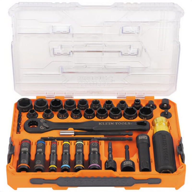Klein 65500KNECT Knect Complete Impact Pass Through and Flip Socket Set, Chrome-Moly, Chrome-Vanadium, 39 pc