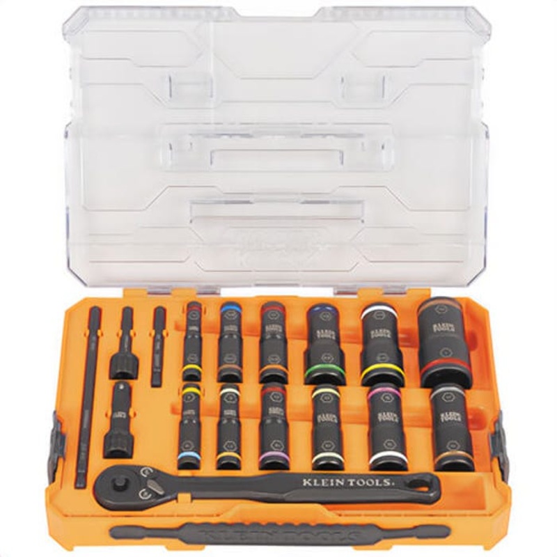 Klein 65626 Knect Flip-24 Deep-Well, Heavy-Duty Impact Socket Set, SAE and Metric, Impact-Rated Steel, 18 pc