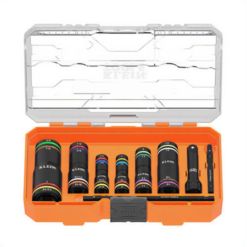 Klein 656QS Knect Quad-24 Heavy-Duty Impact Flip Sockets, 6-Point, SAE and Metric, Steel, 1/4 in and 3/8 in Drive, 6 pc