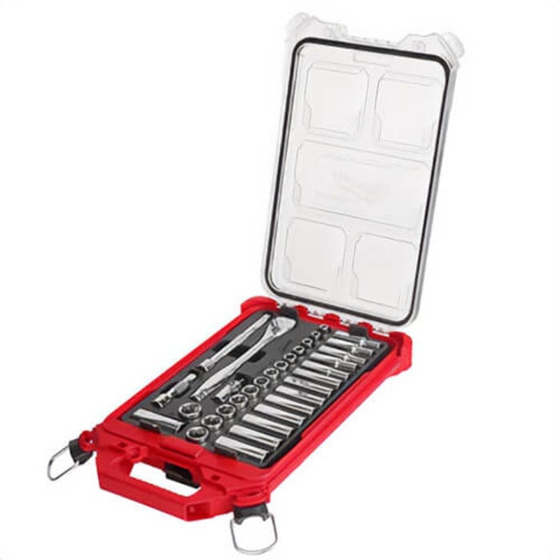 Milwaukee 48-22-9482 Metric Ratchet and Socket Set with Packout Low-Profile Compact Organizer, 3/8 in, 32 pc