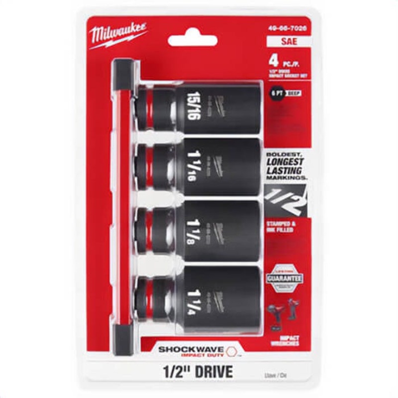 Milwaukee 49-66-7026 ShockWave Impact Duty SAE Deep 6-Point Socket Set, 1/2 in Drive, 4 pc
