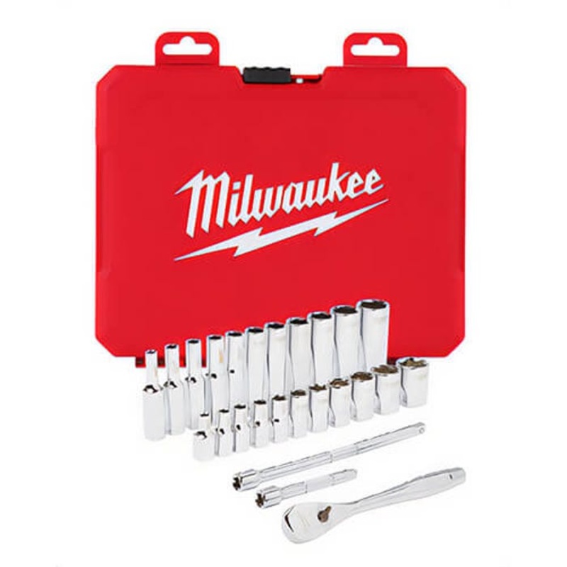 Milwaukee 48-22-9404 Ratchet and Socket Set, Case Tool Storage, 4 Arc Swing, 1/4 in Drive, 26 pc, Steel