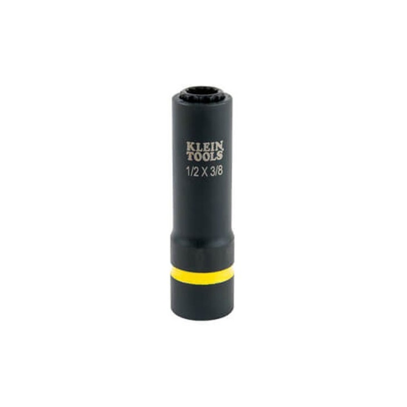 Klein 66011 2-in-1 Single Ended Impact Socket, Cross Hole Style, 1/2 in, 1/2 x 3/8 in Deep Socket, 12 Points