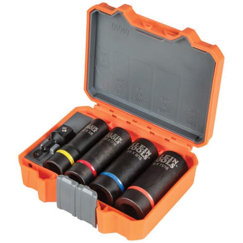 Klein 66040 2-in-1 Impact Socket Set, ASME B107.2, AISI 4140, 12 Points, 1/2 in Drive, 5 pc, Square, 8 Sizes