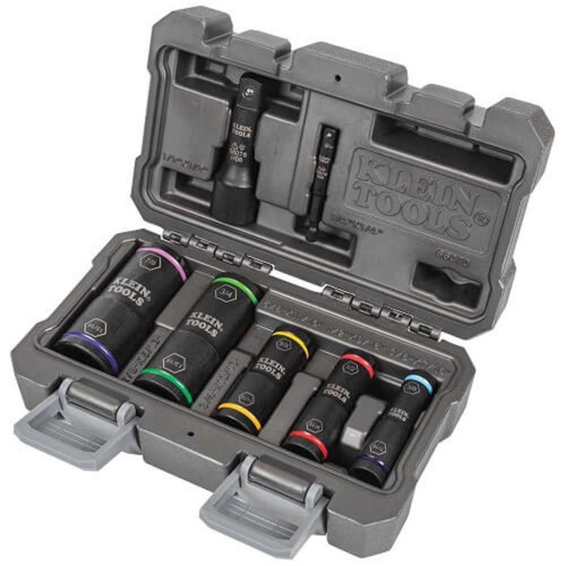 Klein 66070 Flip Impact Socket Set, 4140 Steel, 6-Point, 7 pc, 1/4 in Hex and 1/2 in Square Drive, 8.248 L x 2.835 H x 4.887 W in