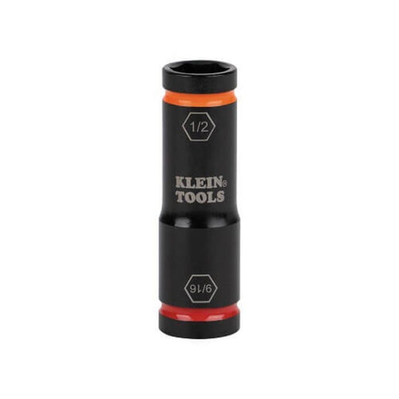 Klein 66076 Flip Impact Socket, 4140 Steel, 6-Point, 9/16 x 1/2 in Socket, 2.625 L x 0.805 H x 0.805 W in