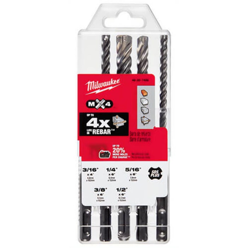 Milwaukee 48-20-7498 MX4 Rotary Hammer Drill Kit, 3/16 in Minimum Drill Bit, 1/2 in Maximum Drill Bit, 5 pc, Carbide/Steel