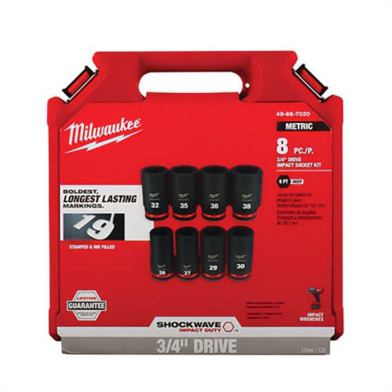 Milwaukee 49-66-7020 Shockwave Impact Duty Deep Socket Set, ASME Specified, 6 Points, 3/4 in Drive, 8 pc, Hex