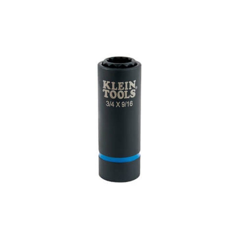 Klein 66001 2-in-1 Single-Ended Impact Socket, Cross Hole Style, 1/2 in, 3/4 x 9/16 in Deep Socket, 12 Points