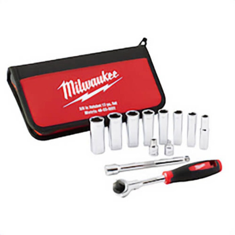 Milwaukee 48-22-9001 Socket Set, 3/8 in Drive, 12 pc, Included Socket Size: Yes