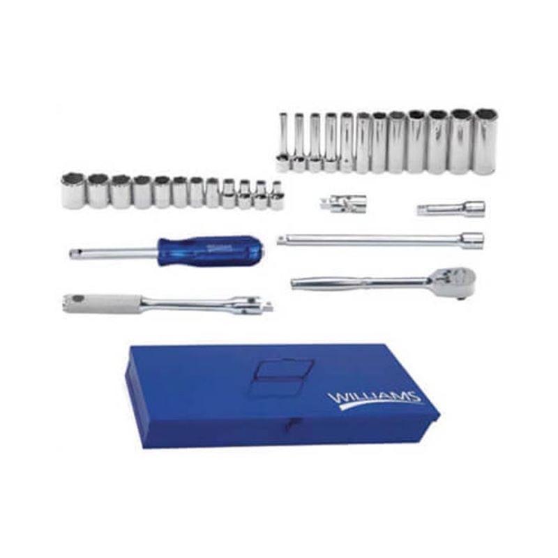 Williams Socket and Drive Tool Set, Supertorque, Metric, 1/4 in Drive, 6 Points, Flexible, 30 pc, Yes Sockets Included, Chrome Vanadium Steel