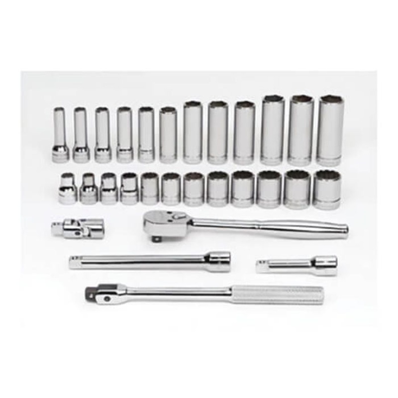 Williams Socket and Drive Tool Set, Supertorque, Metric, 3/8 in Drive, 6, 12 Points, Flexible, 29 pc, Yes Sockets Included, Chrome Vanadium Steel
