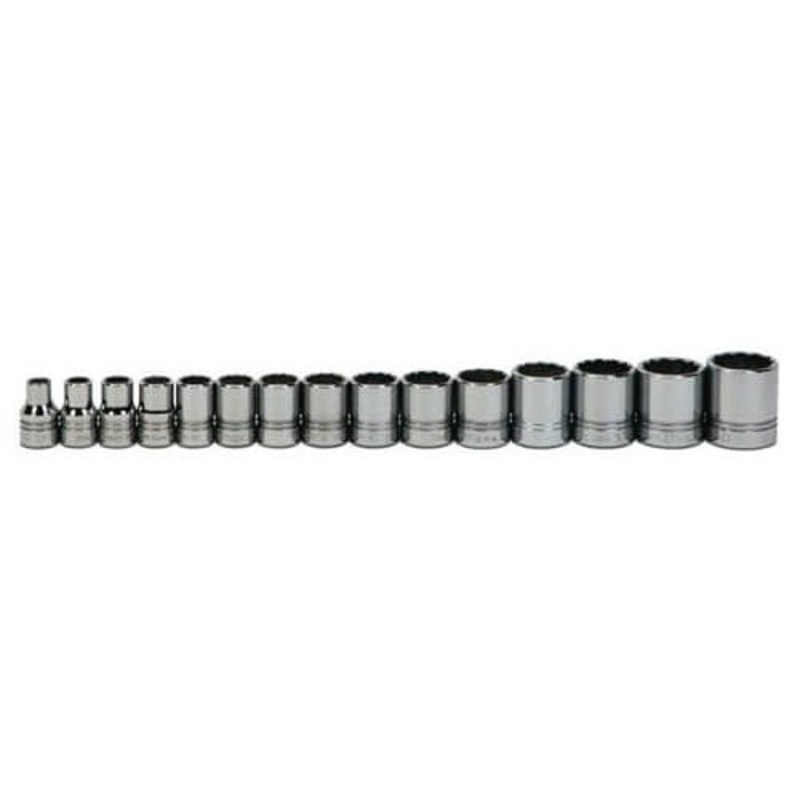 Williams Socket Set, Supertorque, Imperial, 15 pc, 12 Points, Included Socket Size: 3/8 in, 1/2 in Drive, Clip Rail, Polished Chrome