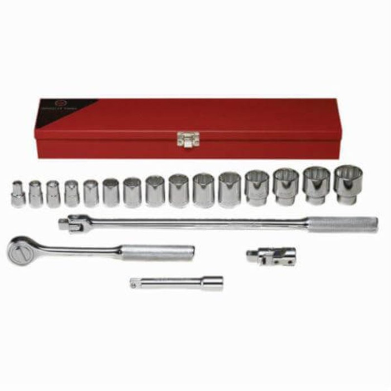 Wright 422 Socket Set, Imperial, 12 Points, 1/2 in Drive, 19 pc