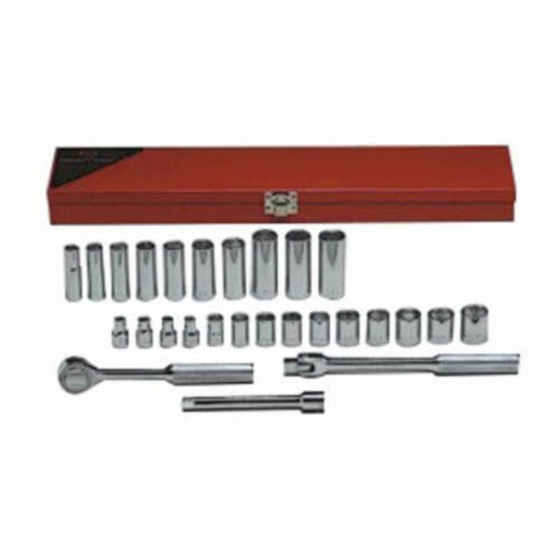 Wright 377 Socket Set, Metric, 6/12 Points, 3/8 in Drive, 27 pc