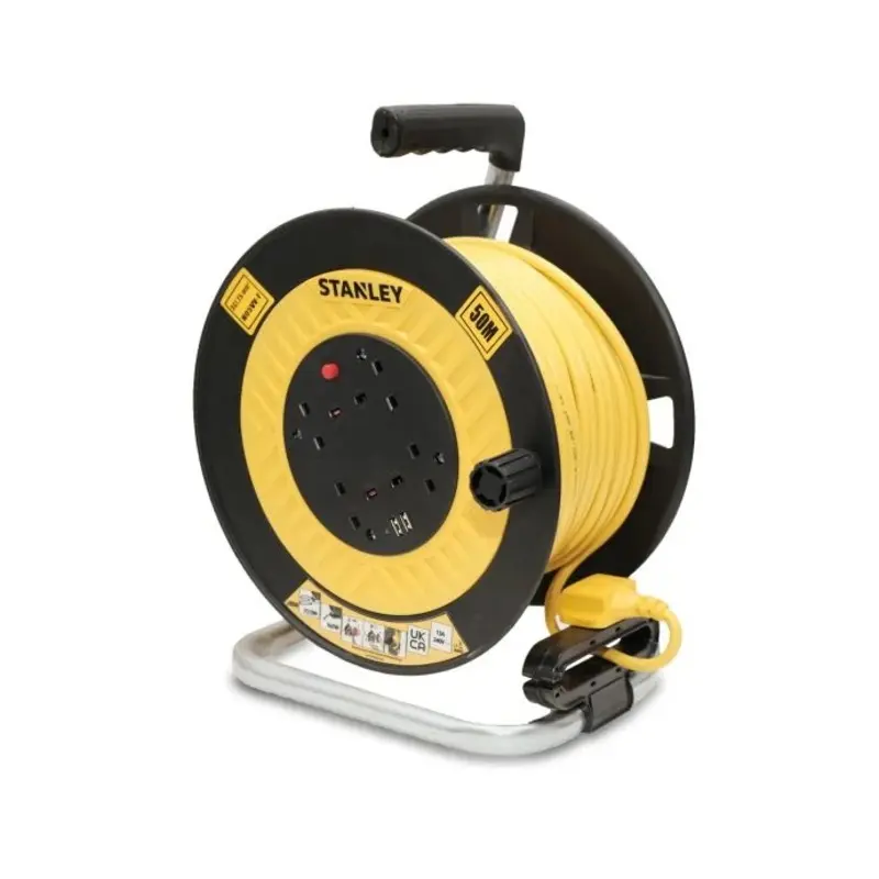 Stanley 240V 13A Open Drum 50m Cable Reel 4-Socket with 2 USB