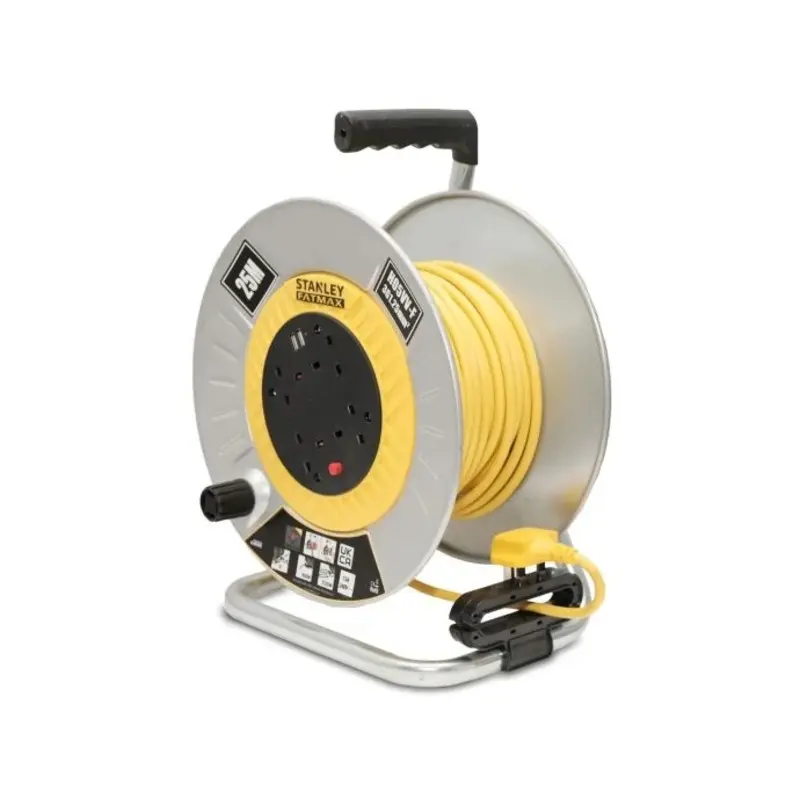 Stanley 240V 13A Open Metal Drum 25m Cable Reel 4-Socket with 2 USB