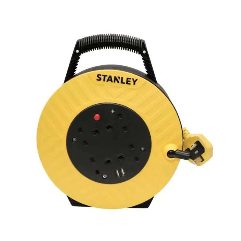 Stanley 240V 13A 4-Socket Semi-Enclosed 15m Cable Reel + 2 USB