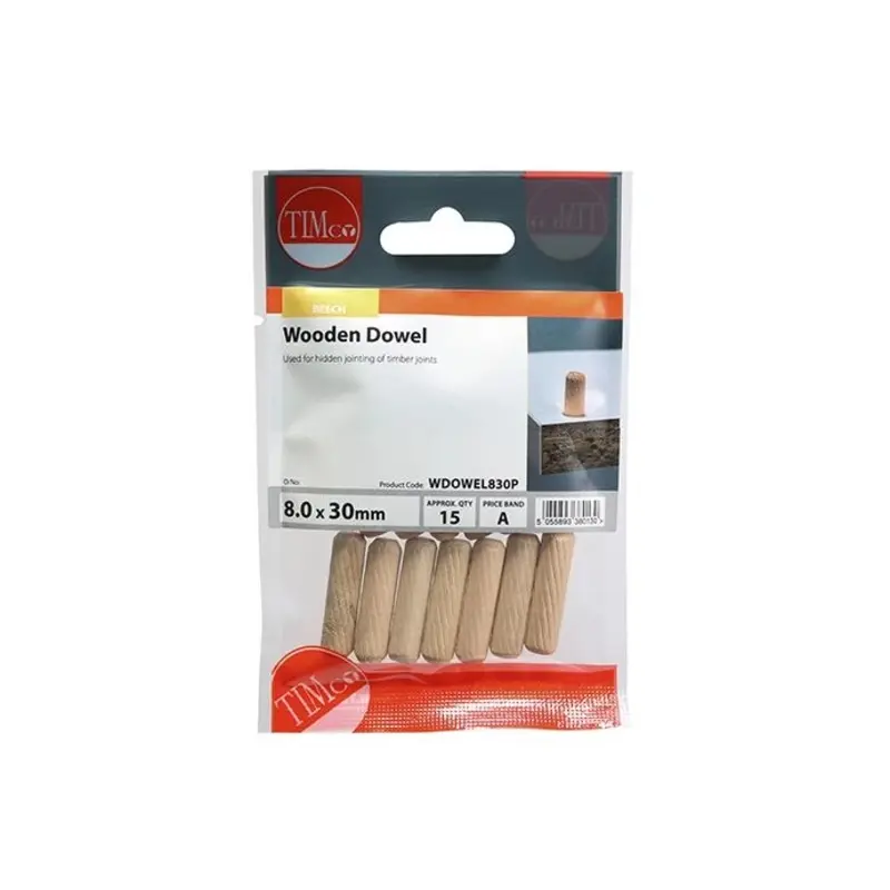 TIMCO Wooden Dowels - 8.0 x 30 - Pack of 15 Pieces