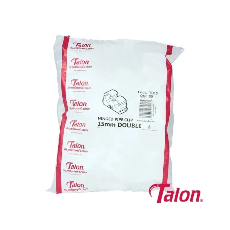 Talon Double Hinged Pipe Clips White - 15mm - Pack of 50 Pieces