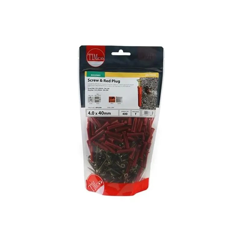 TIMCO Red Plastic Plugs with Screws - 30mm Red Plug, 4.0x40 Screw - Pack of 200 Pieces