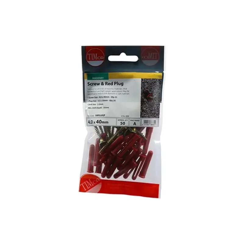 TIMCO Red Plastic Plugs with Screws - 30mm Red Plug, 4.0x40 Screw - Pack of 25 Pieces